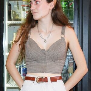 Cream Plaid Fitted Bustier Shaped Crop Top